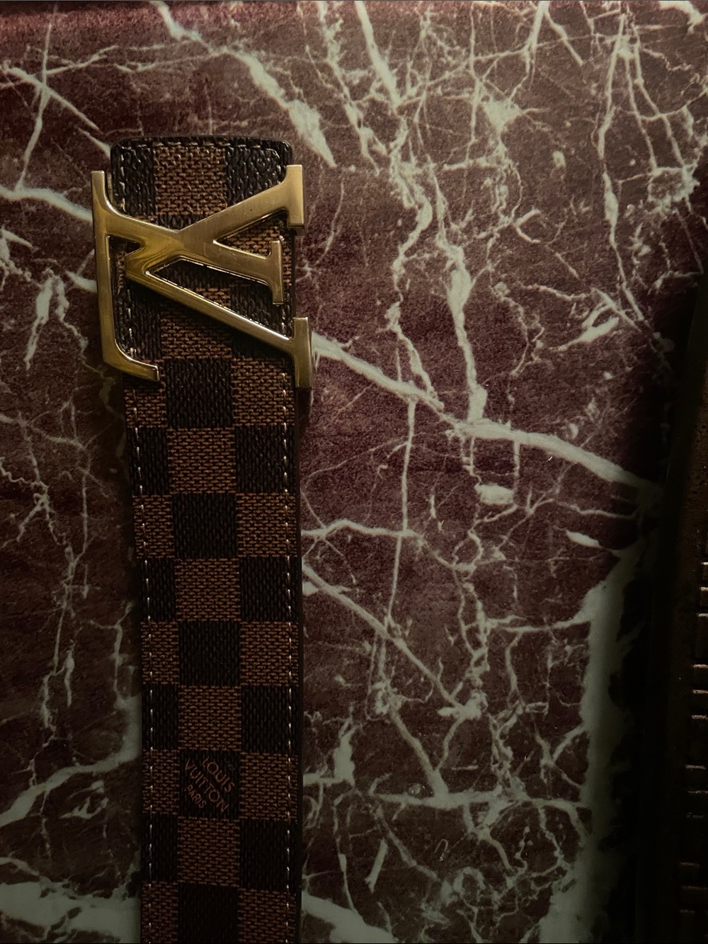 Louis Vuitton Brown Checkered Leather Belt with Gold LV Buckle